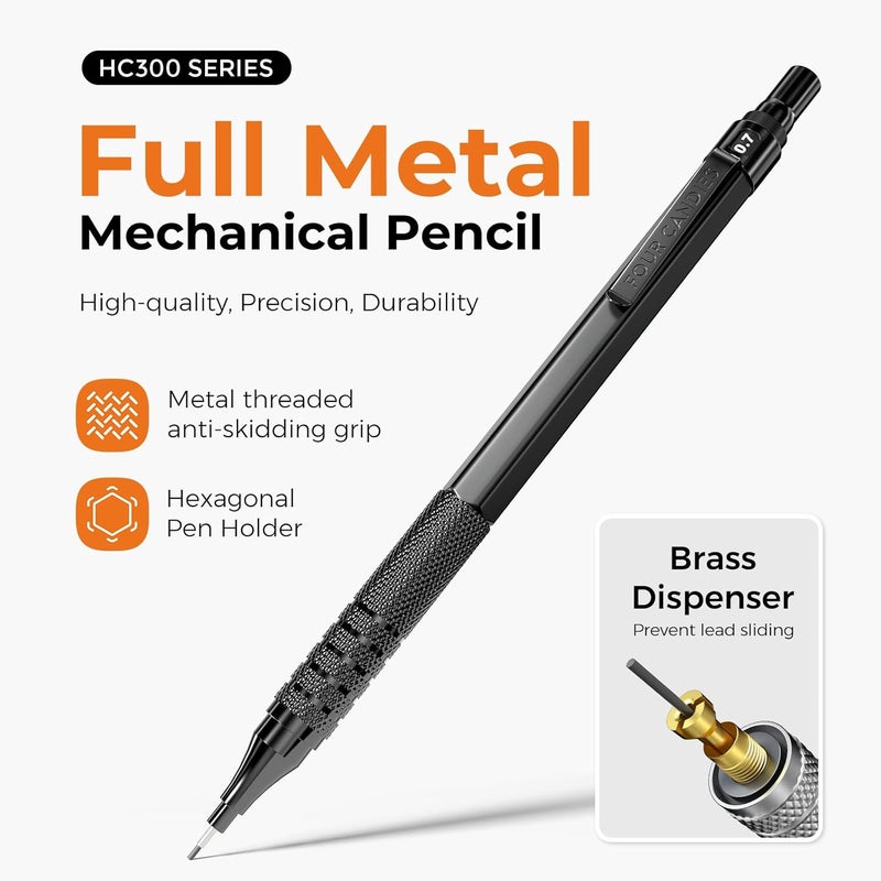 Four Candies 2PCS Metal Mechanical Pencils Set with Case, 0.5mm & 0.7 mm Artist Pencil with 6 Tubes (360PCS) HB Lead Refills, 3 Erasers,9 Eraser Refills For Writing Drafting, Drawing, Black - Image 3